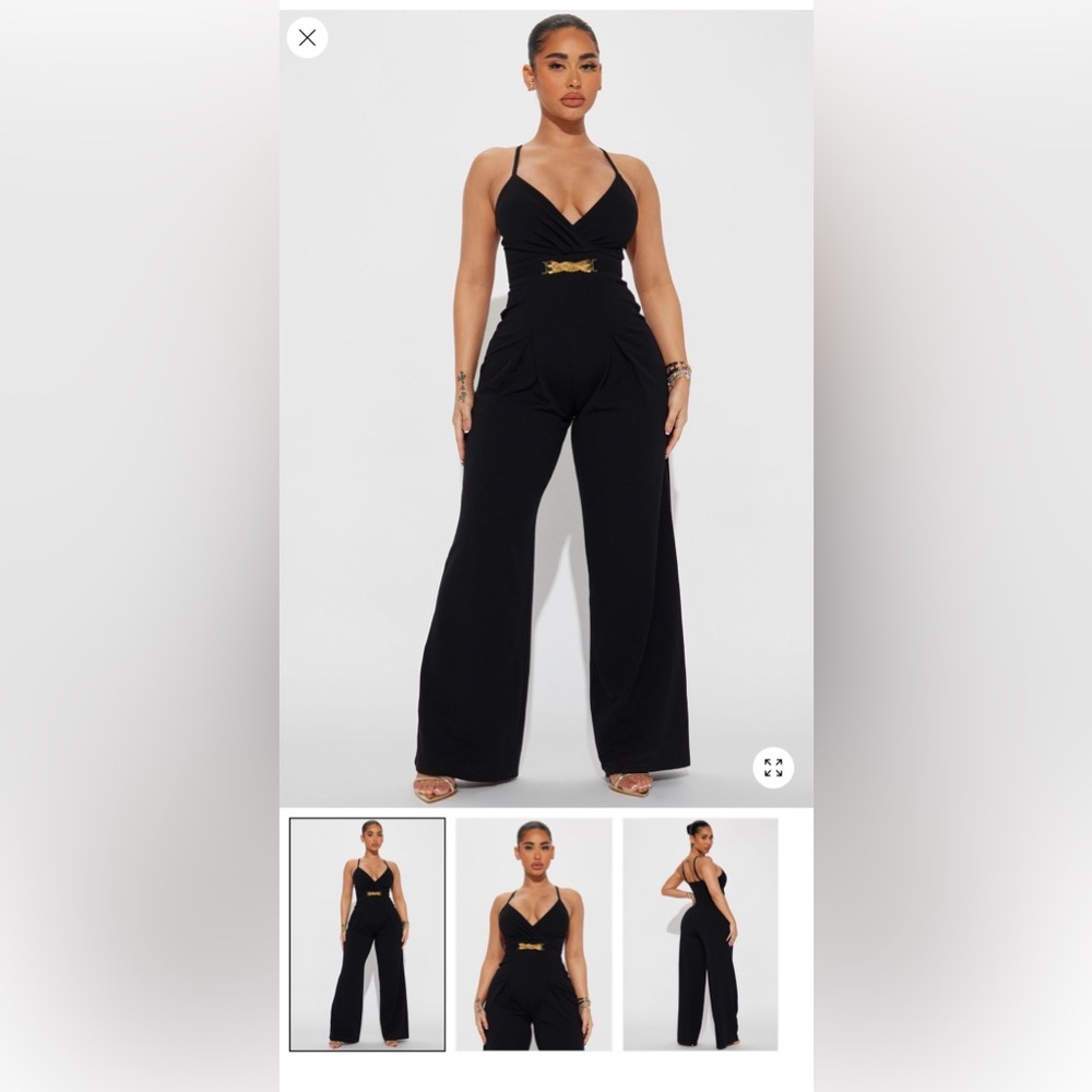 Fashion Nova Black Wide-Leg Jumpsuit with Gold Waist Accent